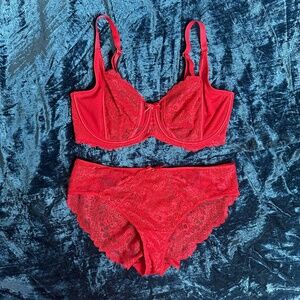 Change Lingerie Rose Red Lace Balconette Bra & Bikini Set 34F Luxury Lace